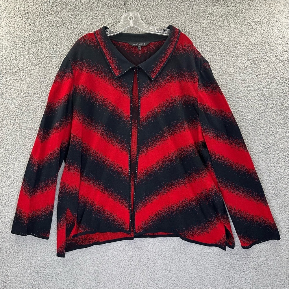 Ming Wang Long Sleeve Sweater Cardigan Collared Rhinestone Black Red Women's 3XL